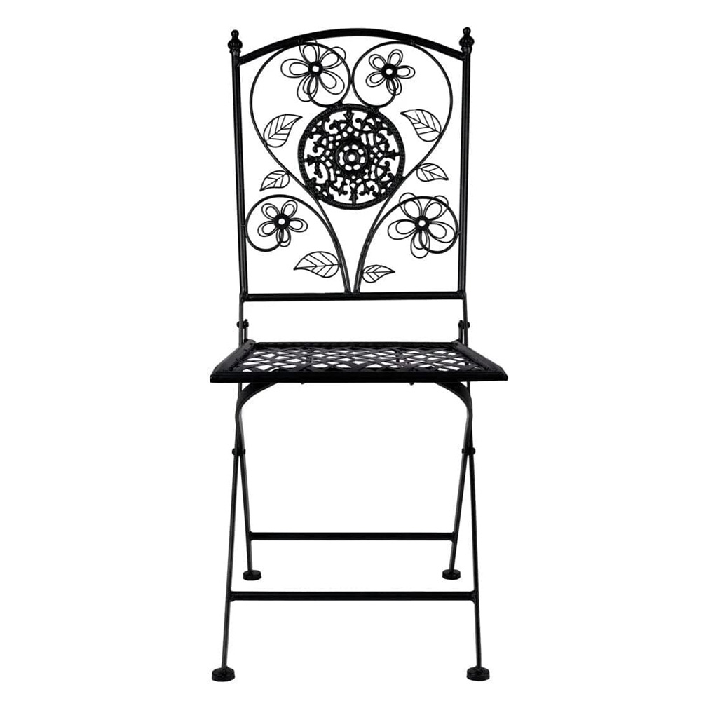 Rustic Matte Black Floral Wrought Iron Bistro Folding Chair