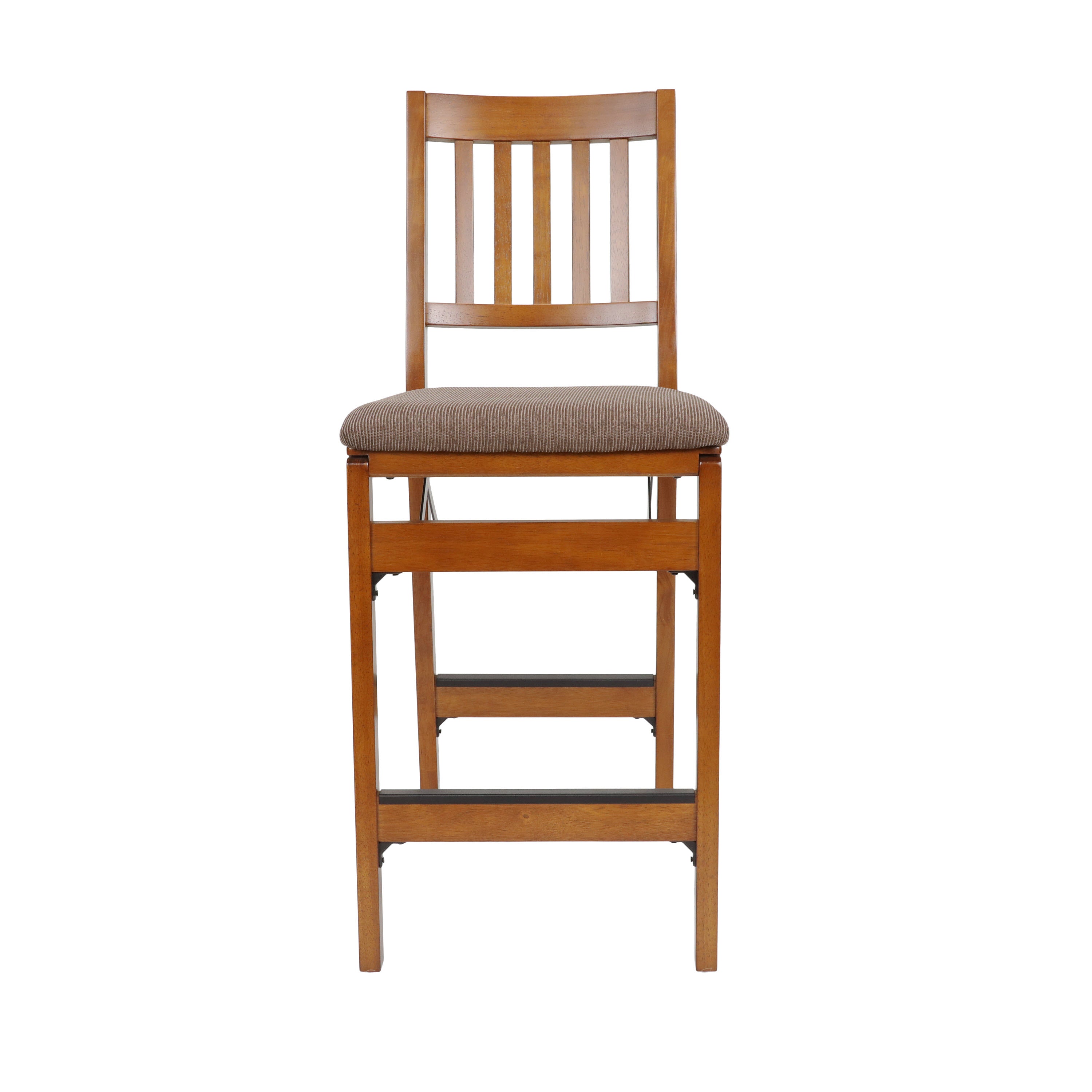 Light Wood Folding Counter Stool with Brown Fabric Cushion
