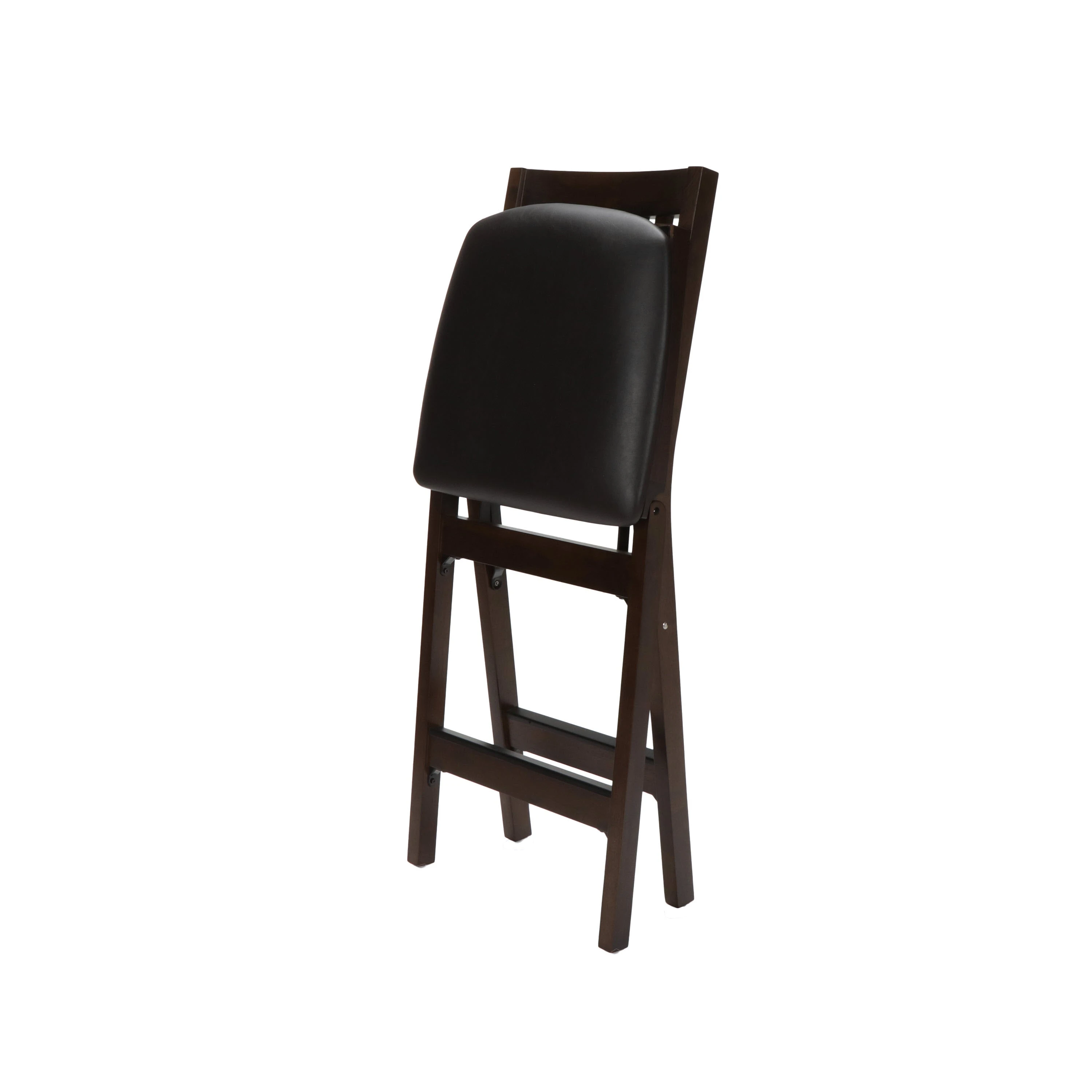 Sgabello da bancone pieghevole in legno scuro con cuscino in PU nero
