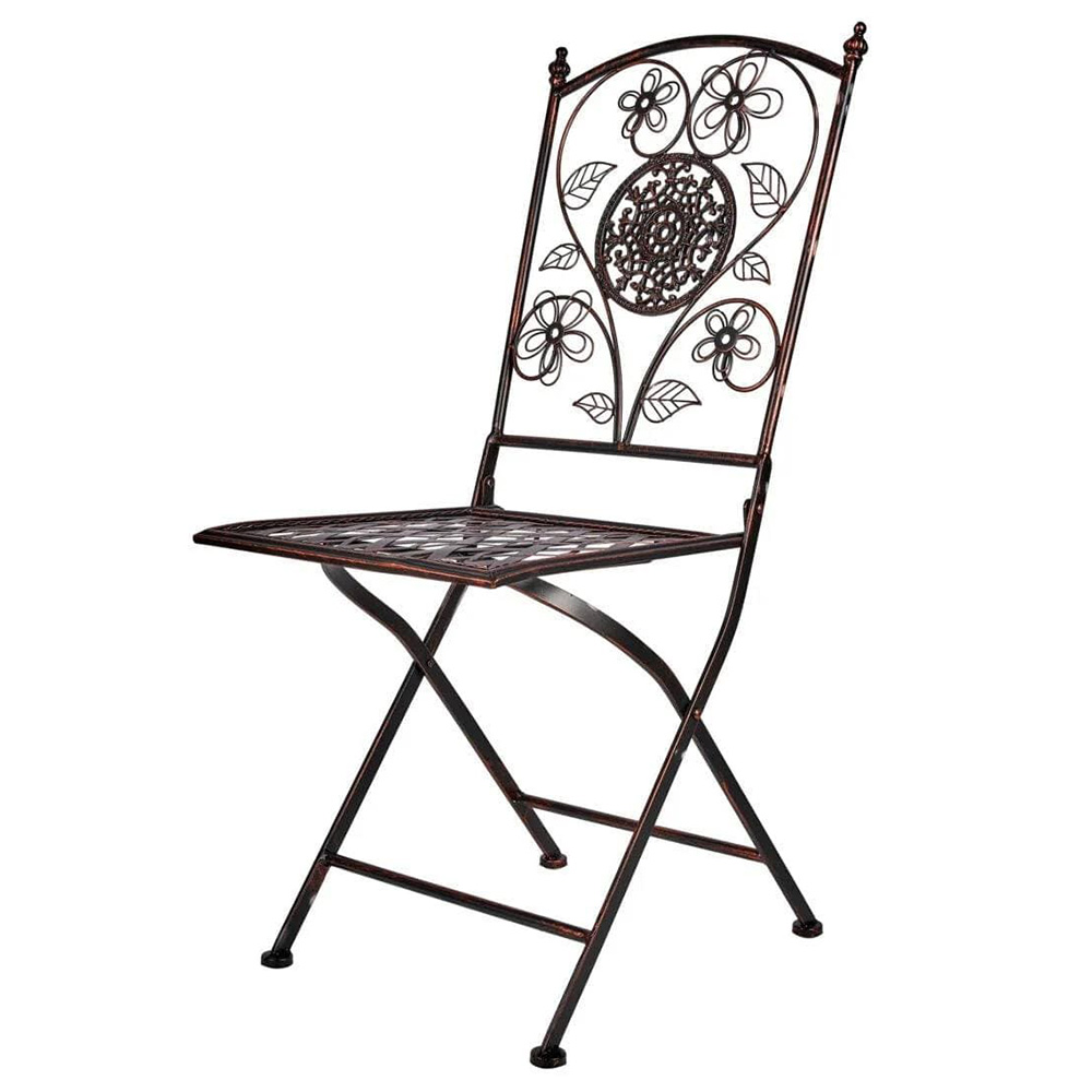 Distressed Bronze Floral Wrought Iron Bistro Folding Chair