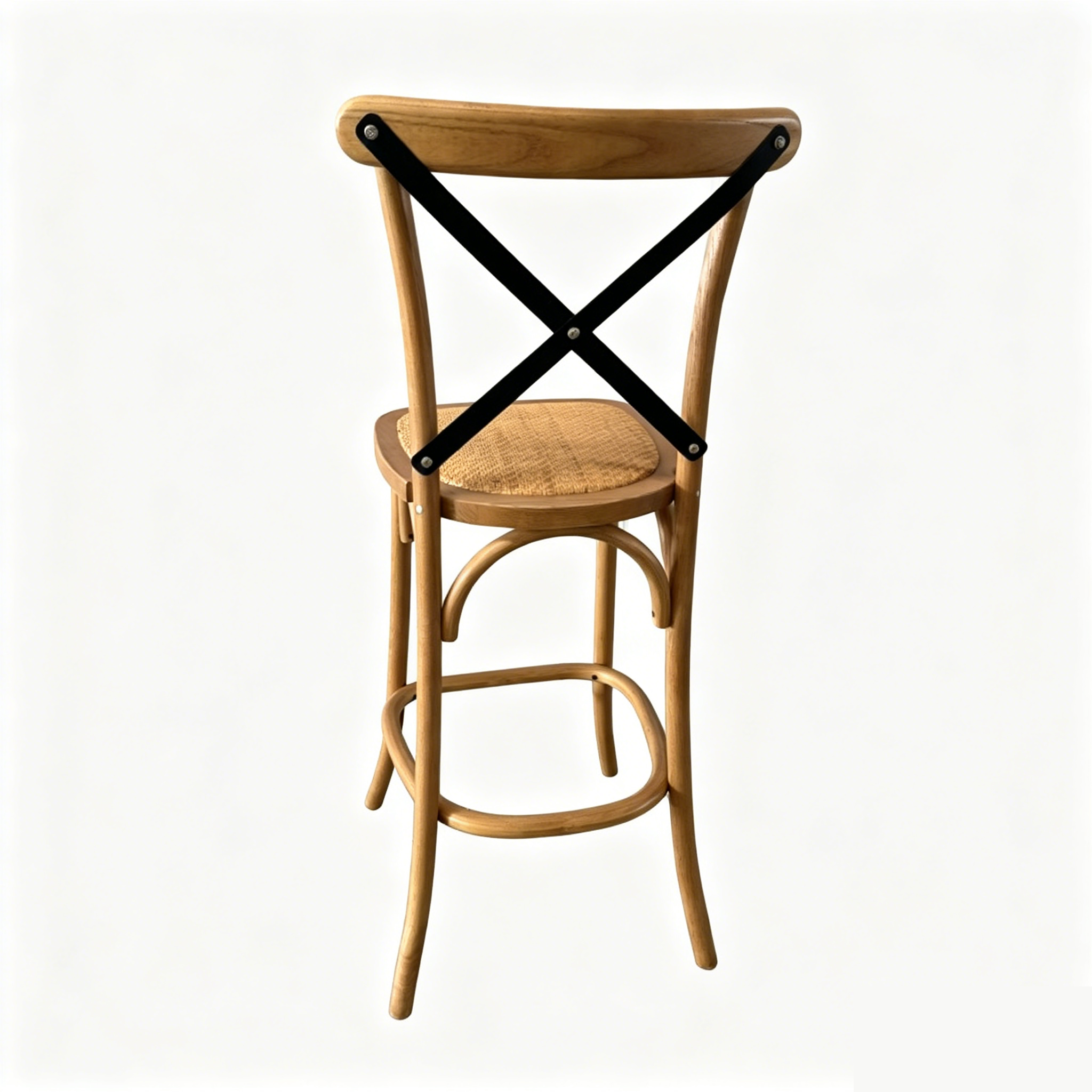 Natural Wood Cross Back Bar Stool with Metal Straps