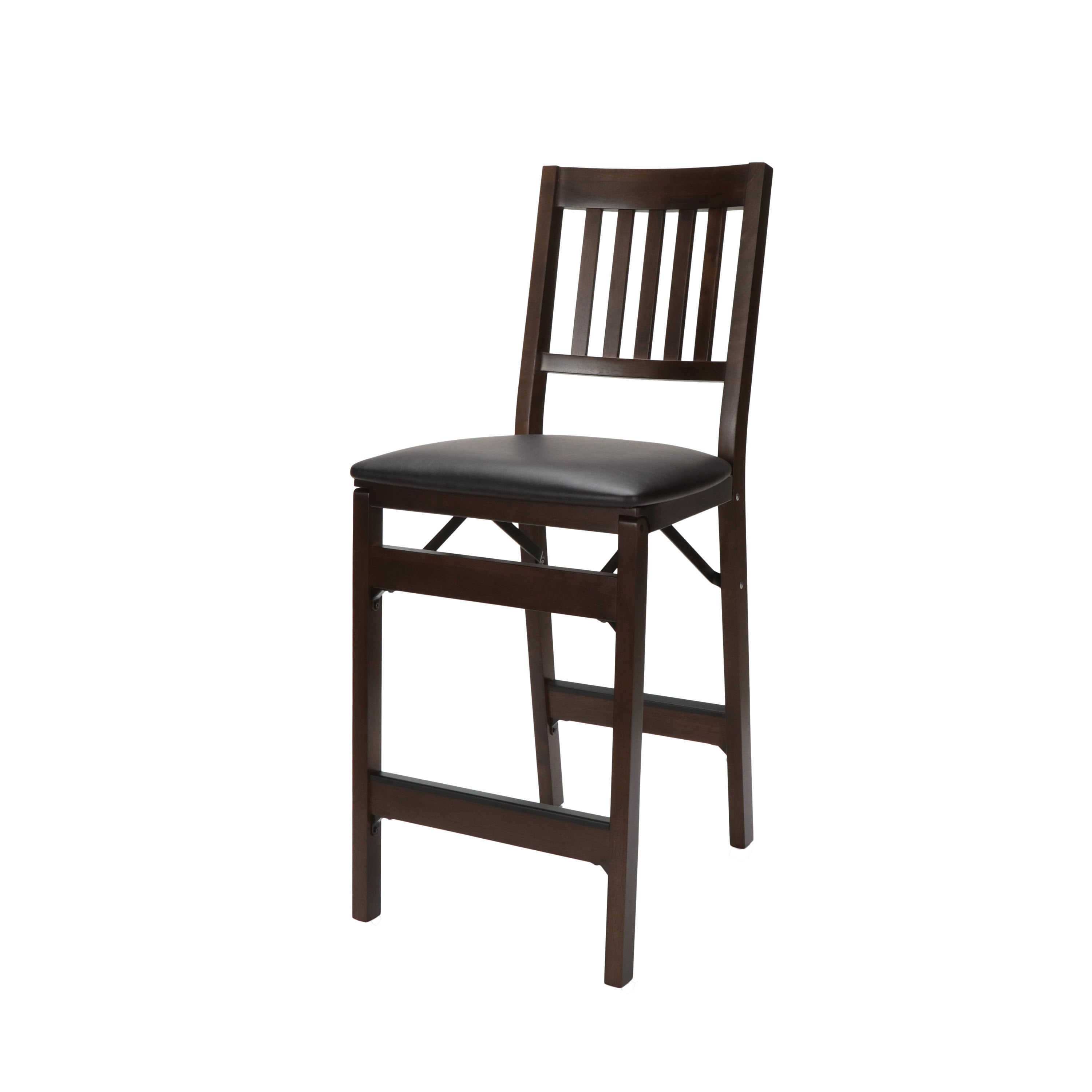 Folding Dark Wood Counter Stool with Black PU Cushion