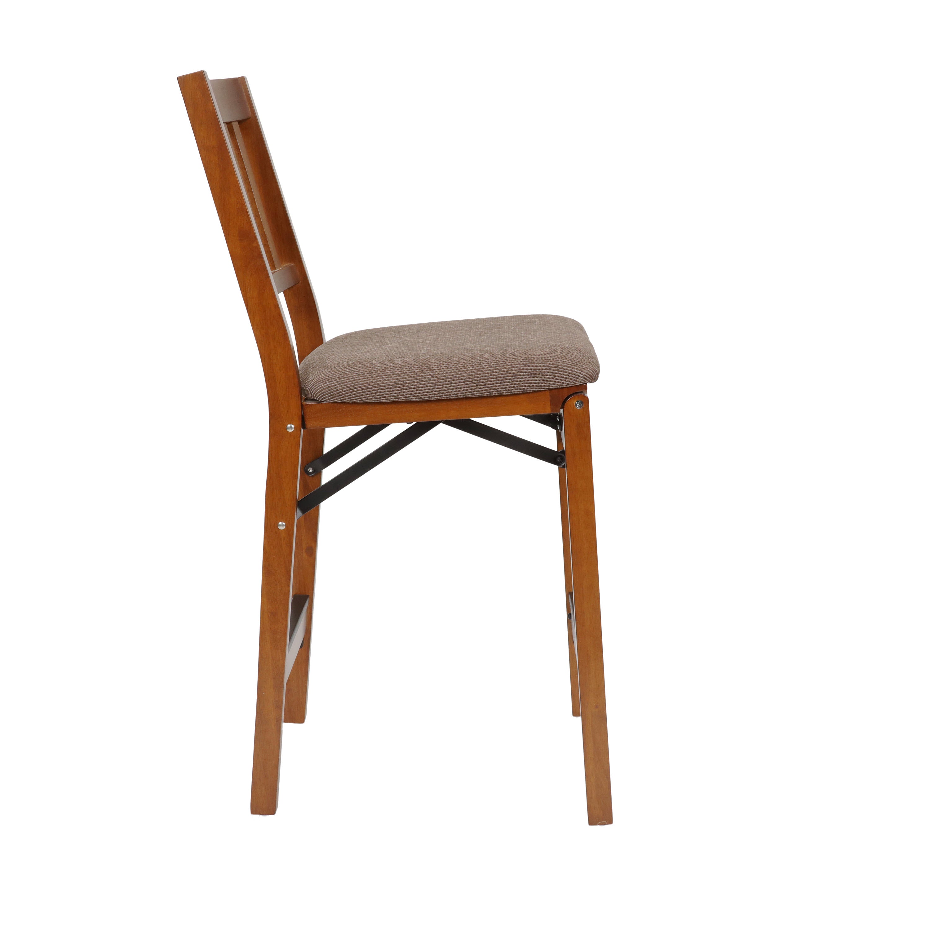 Light Wood Folding Counter Stool with Brown Fabric Cushion