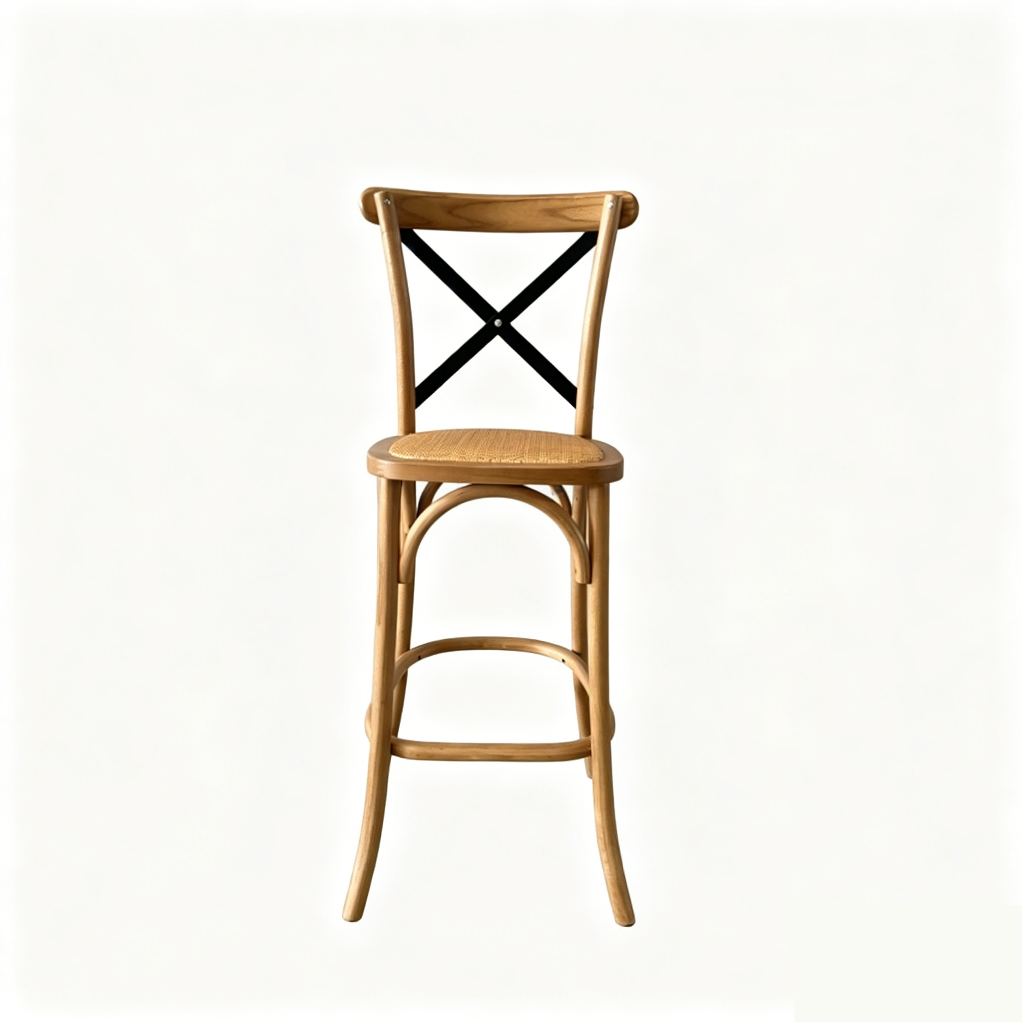 Natural Wood Cross Back Bar Stool with Metal Straps