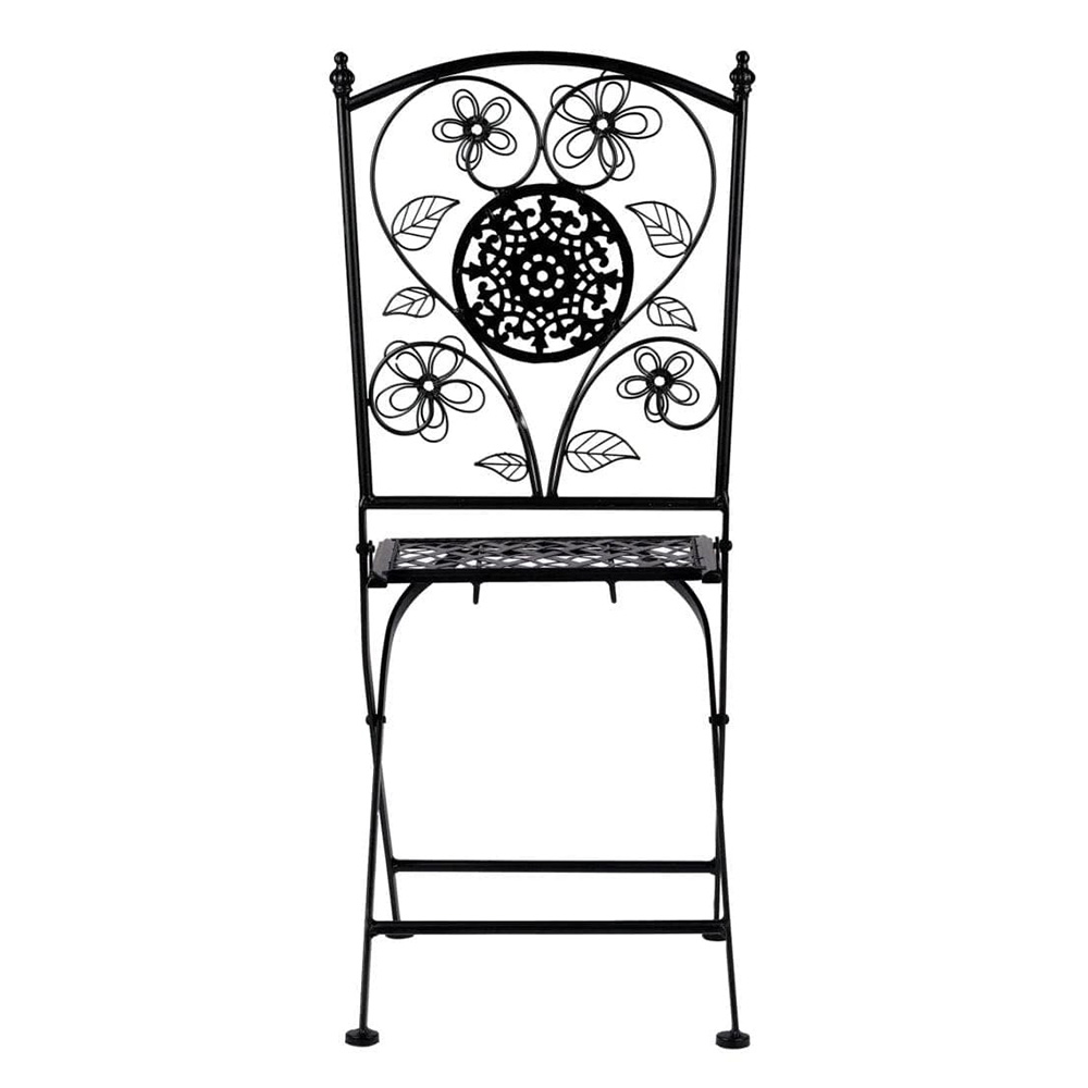 Rustic Matte Black Floral Wrought Iron Bistro Folding Chair