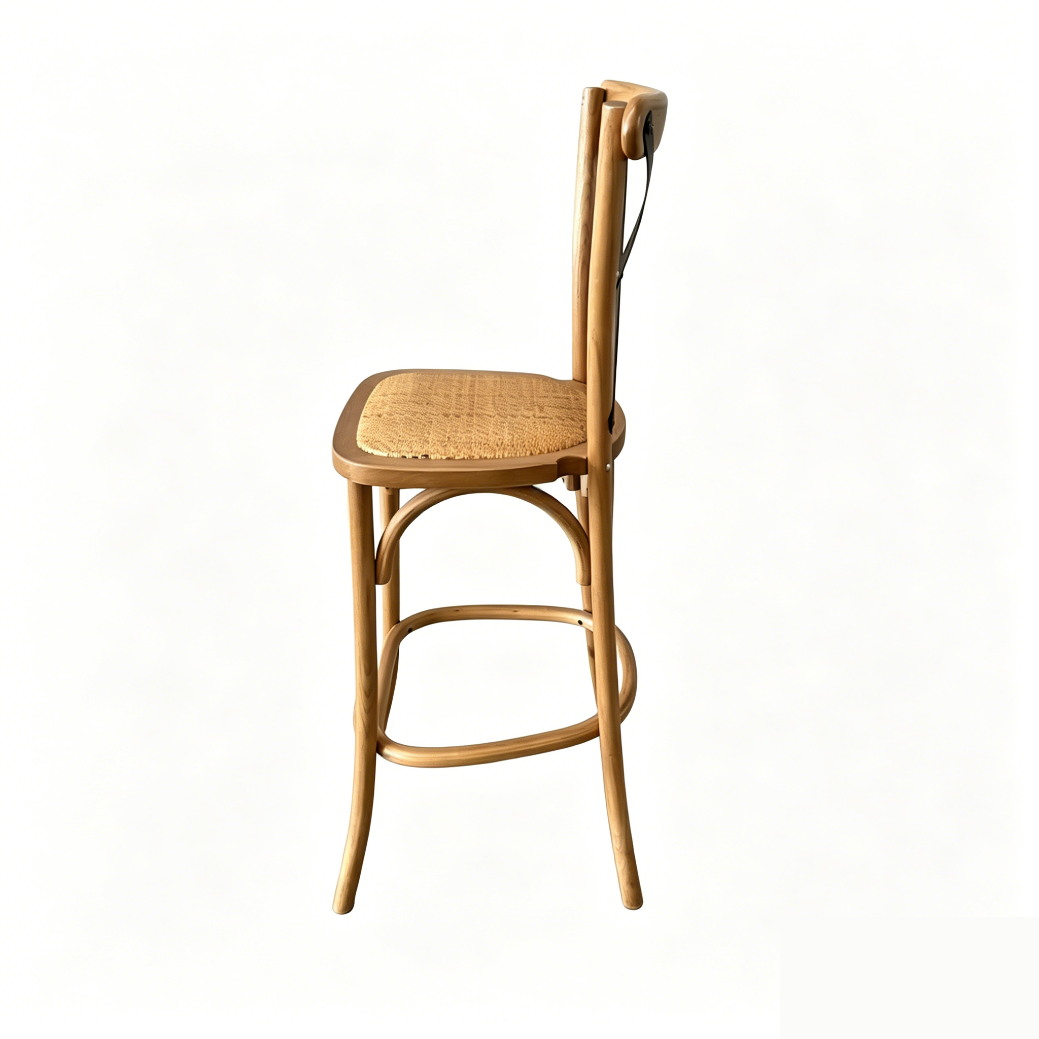 Natural Wood Cross Back Bar Stool with Metal Straps