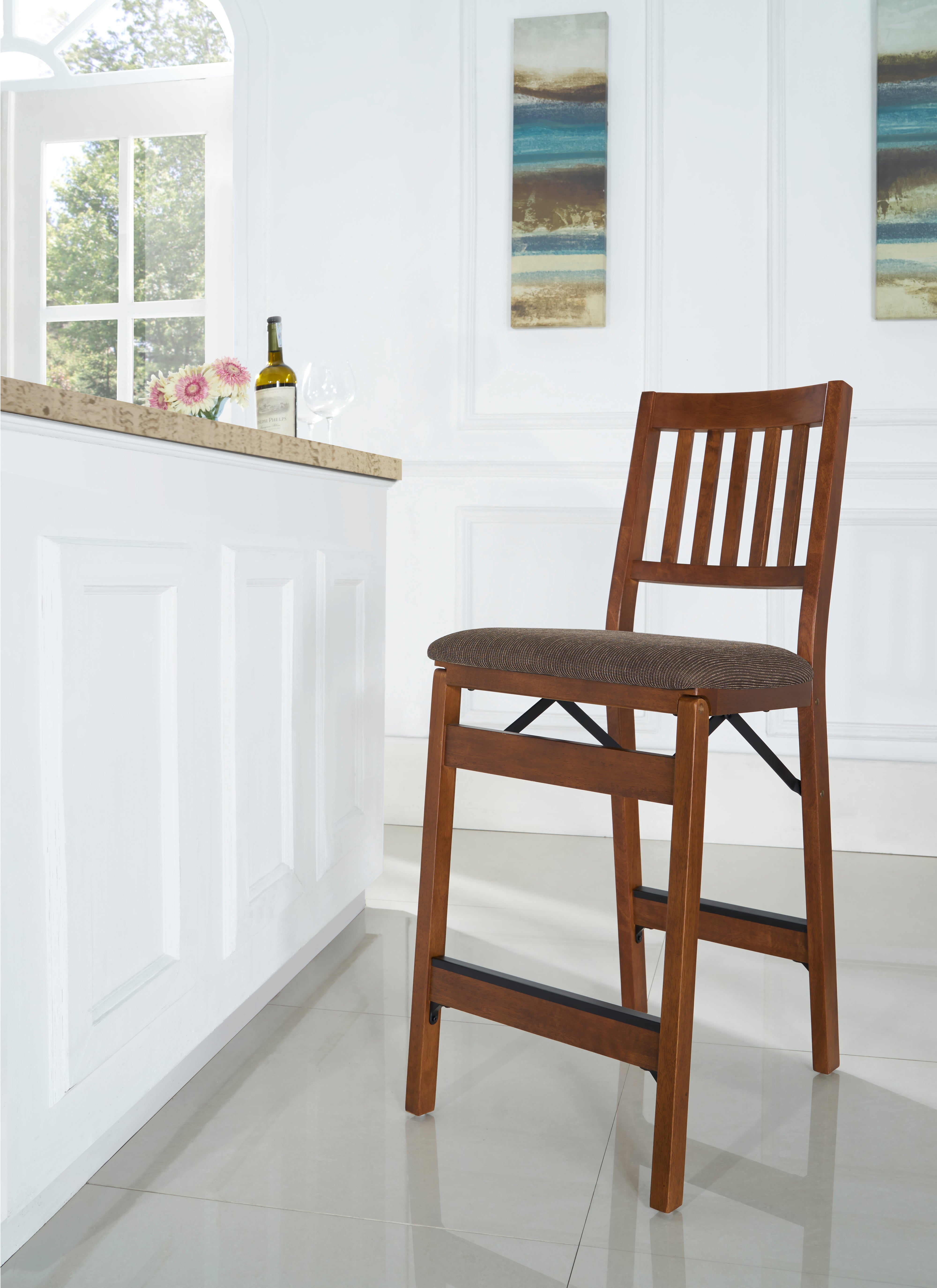 Light Wood Folding Counter Stool with Brown Fabric Cushion