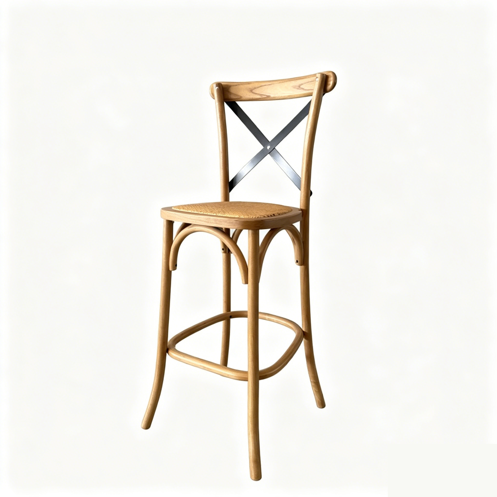 Natural Wood Cross Back Bar Stool with Metal Straps
