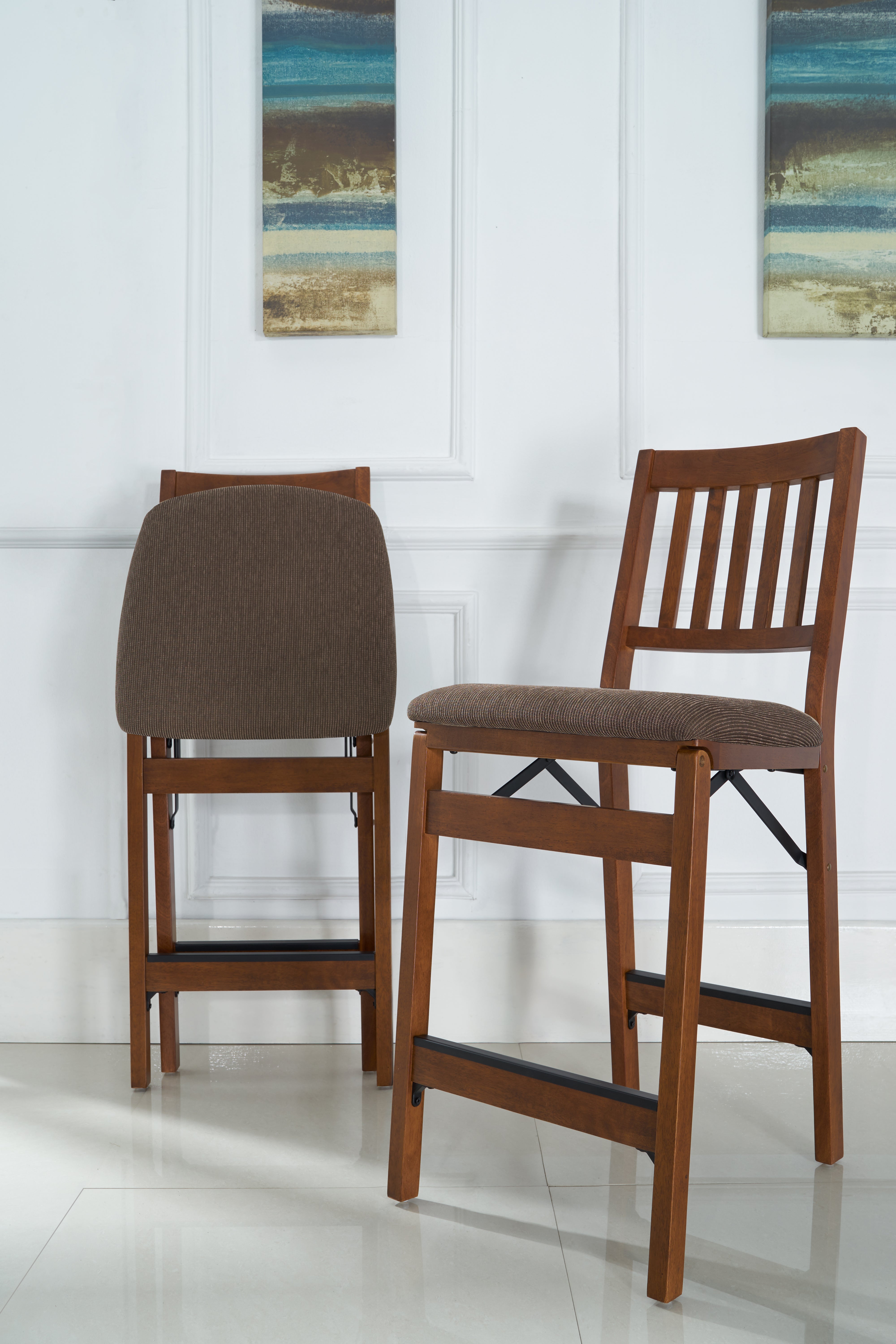 Light Wood Folding Counter Stool with Brown Fabric Cushion