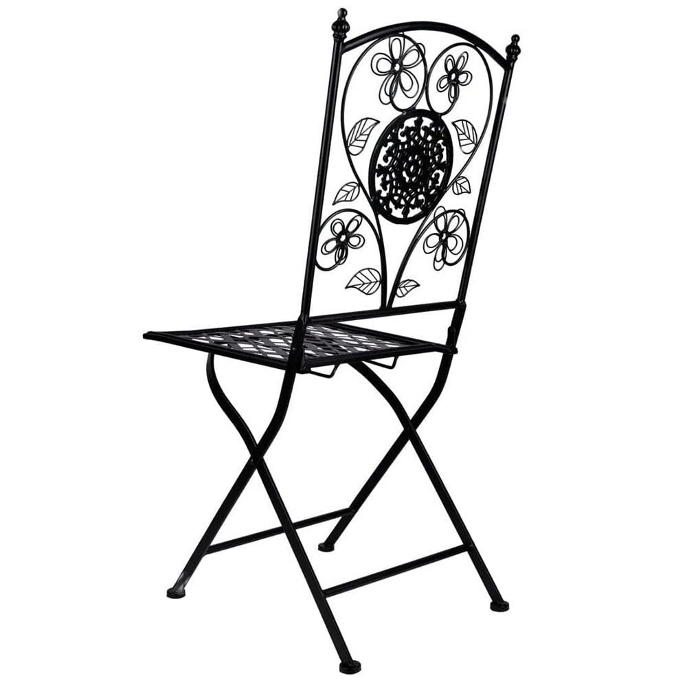 Rustic Matte Black Floral Wrought Iron Bistro Folding Chair