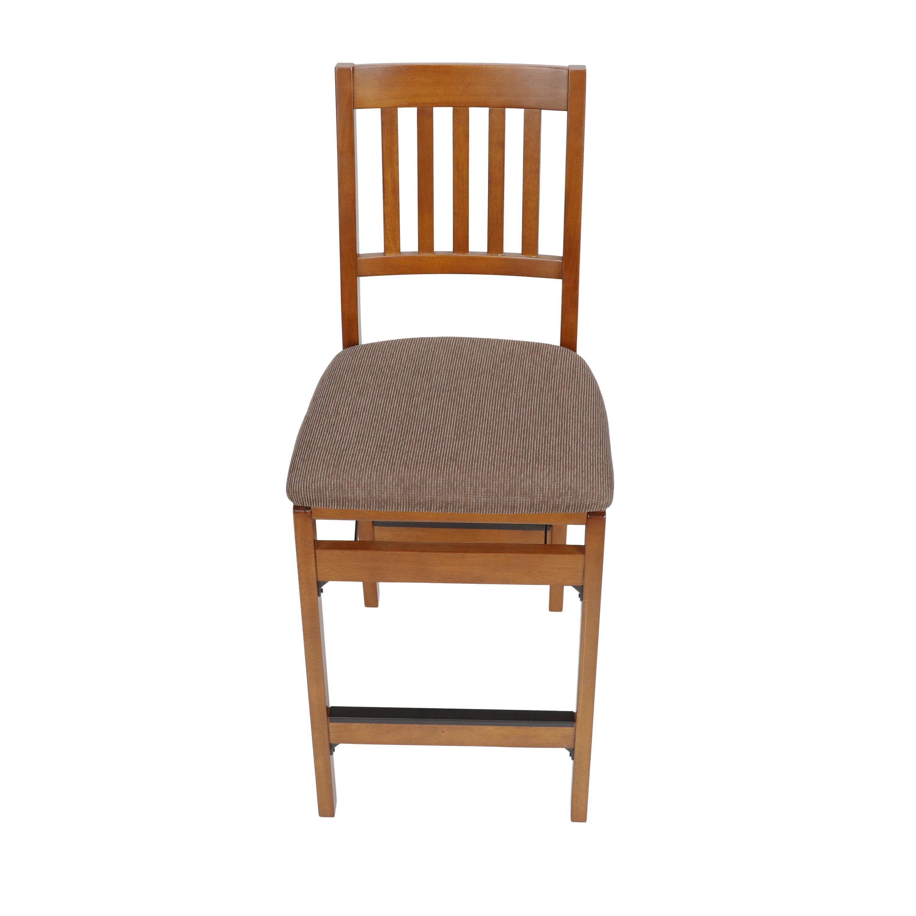 Sgabello da bancone pieghevole in legno chiaro con cuscino in tessuto marrone