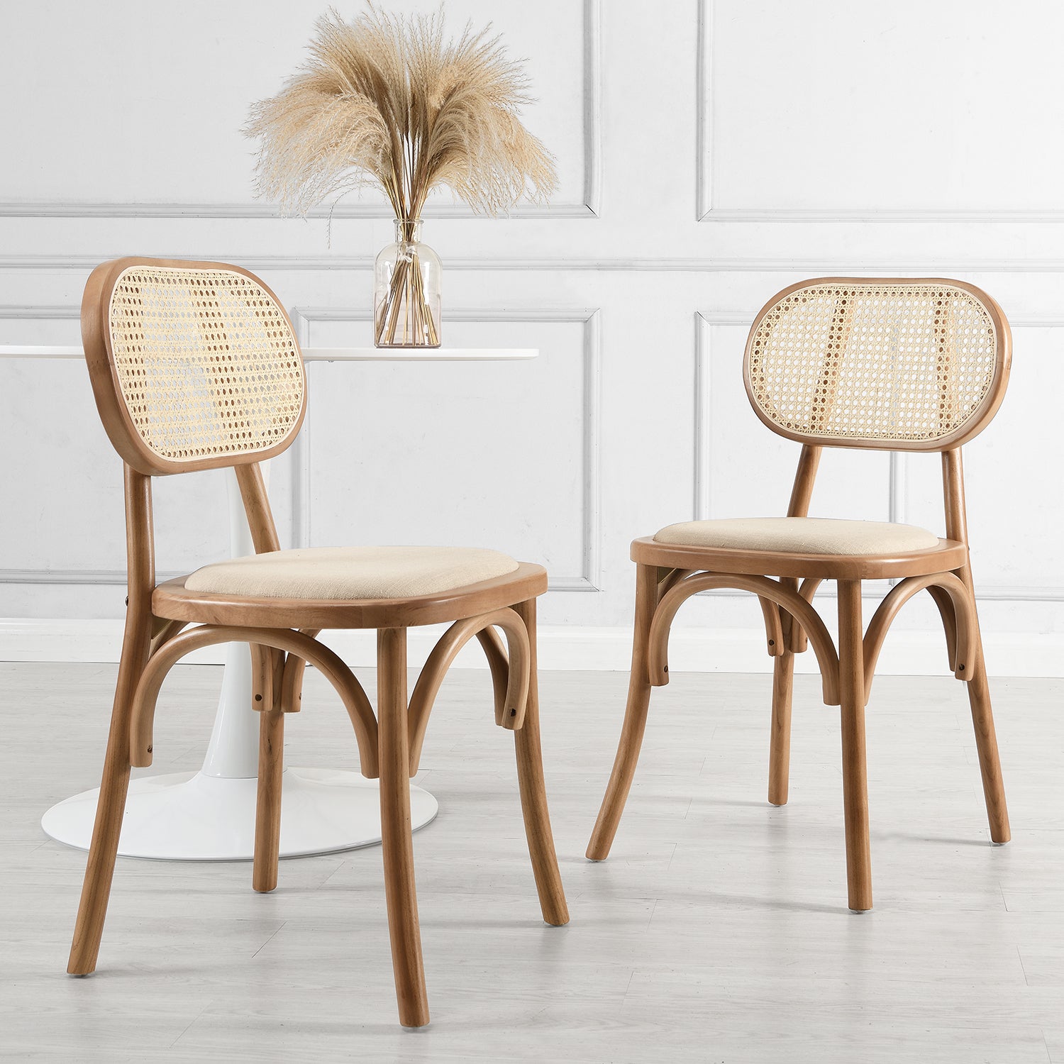 Cane Rattan and Upholstered Chairs-Natrural