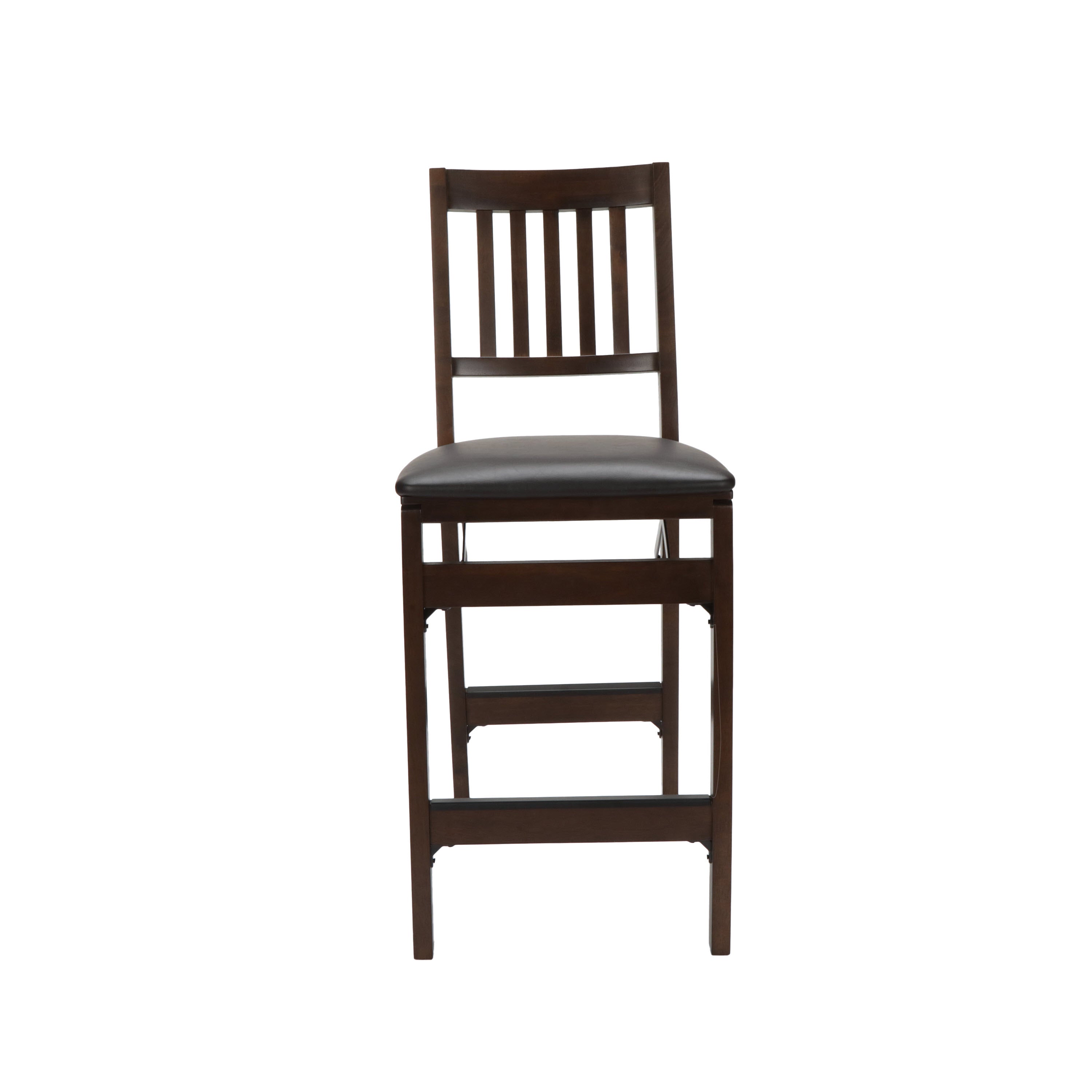 Folding Dark Wood Counter Stool with Black PU Cushion