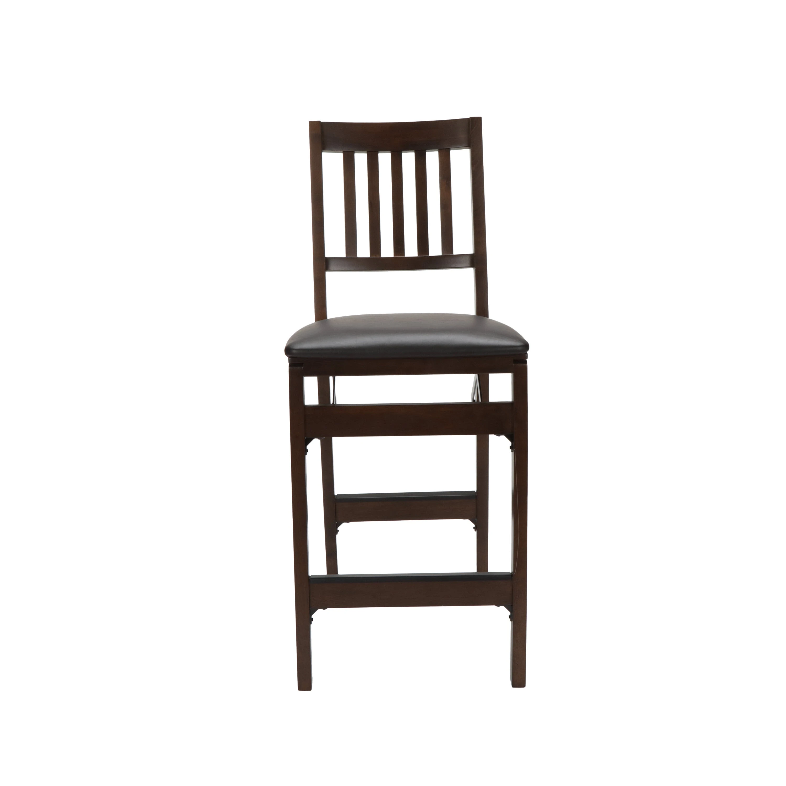 Sgabello da bancone pieghevole in legno scuro con cuscino in PU nero